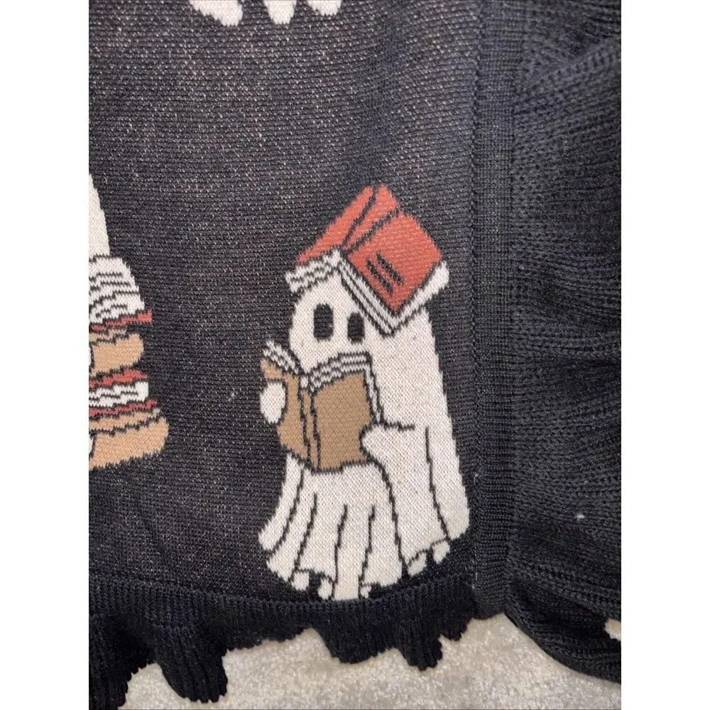 Halloween Ghost Reading Books Throw Blanket Viral Black Ruffled Edge NEW